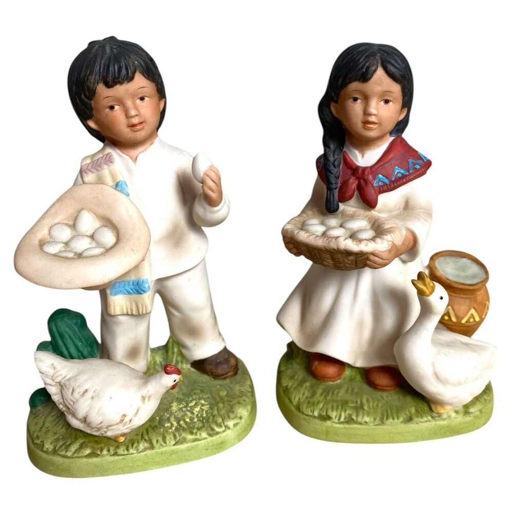 Vintage Homco Figurines #1409 Boy & Girl with Chickens Eggs Basket Farmhouse Set - Picture 2 of 10